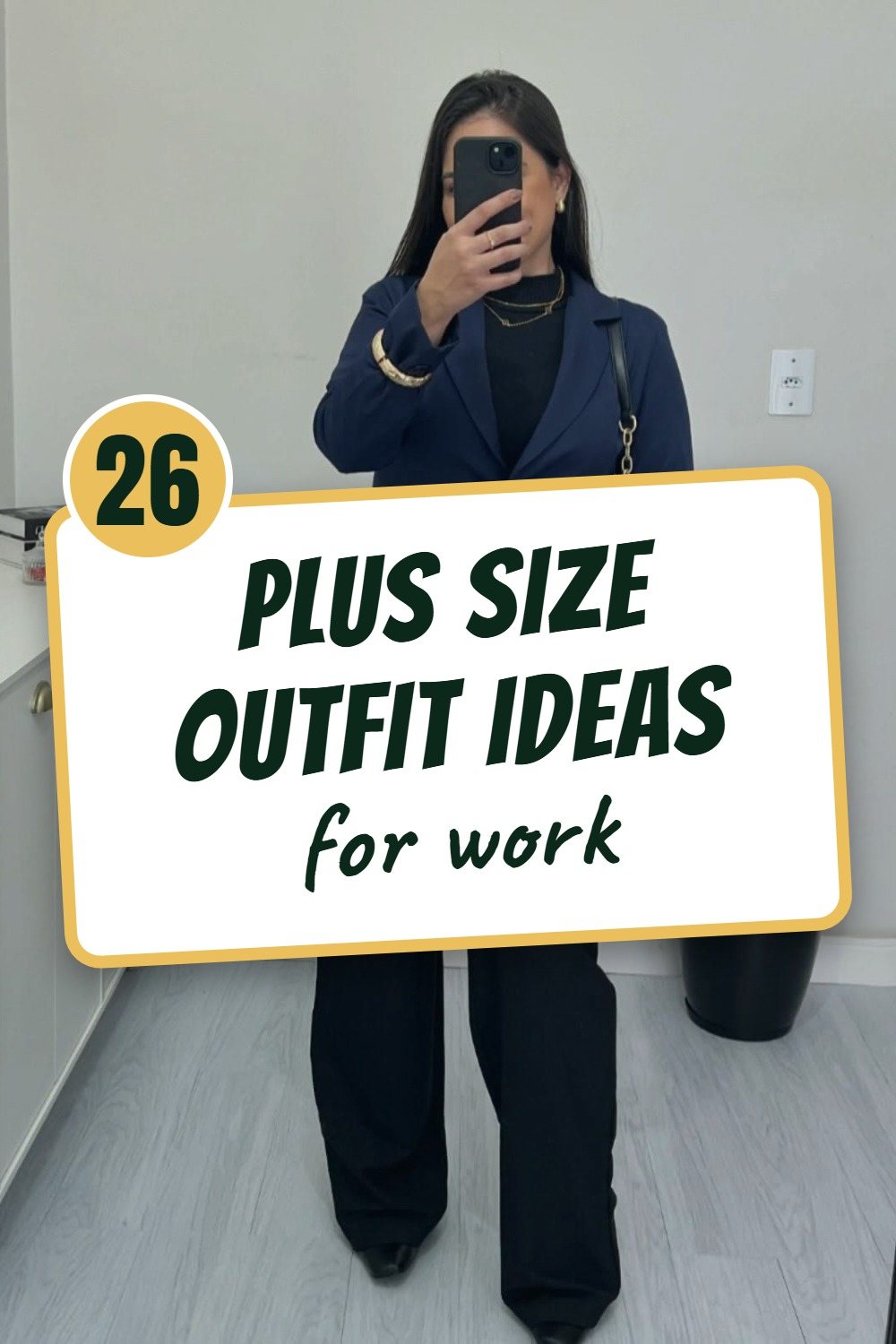 Pinterest pin: plus size outfit ideas for work, navy blazer